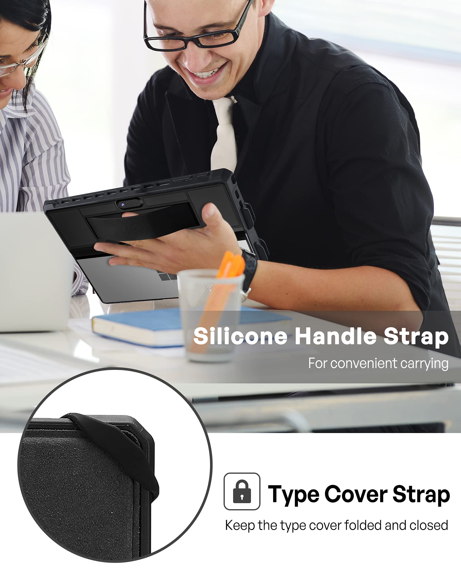 Case for 12.3" Microsoft Surface Pro 7 Plus, Pro 7, Pro 6, Pro 5, Pro 2017, Pro 4, Pro LTE, Rugged Protective Cover with Pencil Holder, Hand Strap, Compatible with Type Cover Keyboard -Black