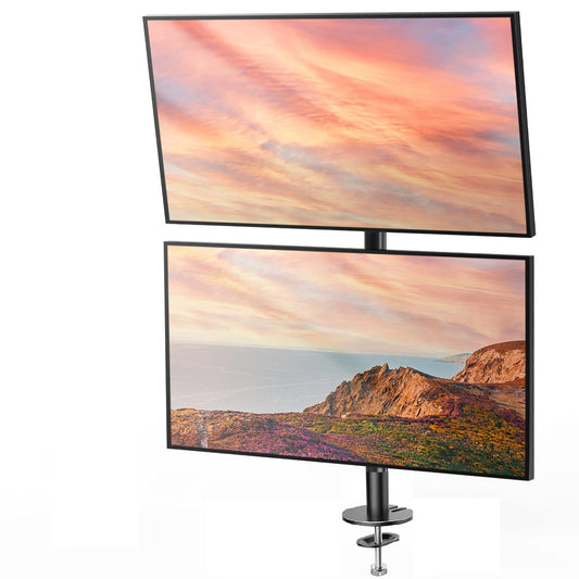 Dual monitor stand for two 13 to 32 inch screens with clamp or grommet base