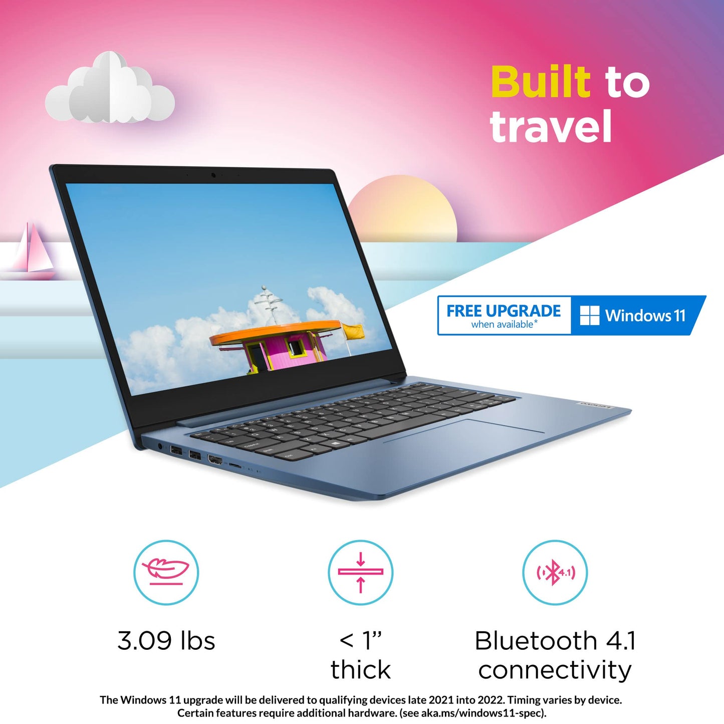 IdeaPad 1 14 Laptop, 14.0" HD Display, Intel Celeron N4020, 4GB RAM, 64GB Storage, Intel UHD Graphics 600, Win 10 in S Mode, Ice Blue
