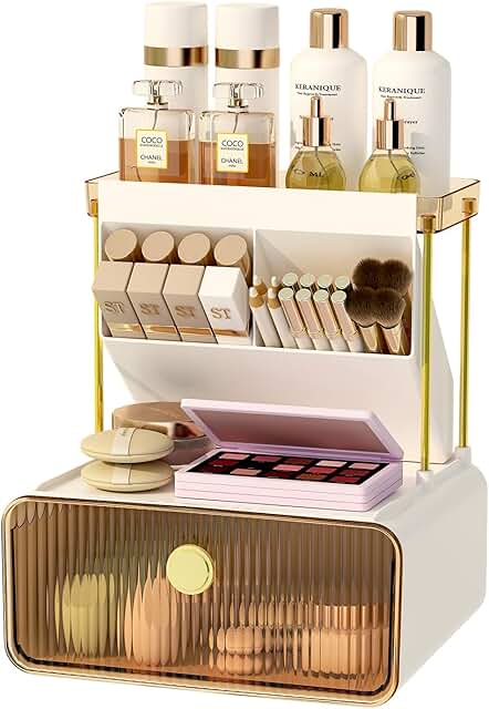 Three-Tier Makeup Organizer with Drawer and Brush Holder