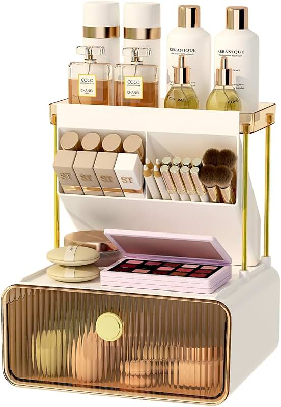 Three-Tier Makeup Organizer with Drawer and Brush Holder