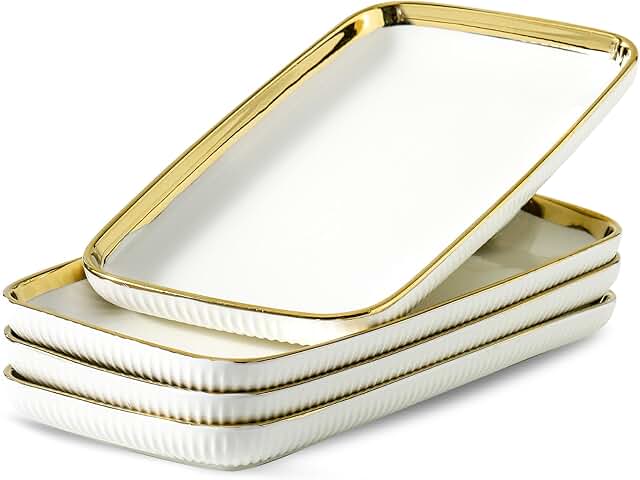 Set of 4 White Ceramic Serving Platters, 12 Inch Rectangular