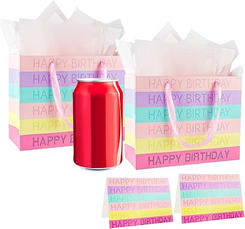 Pink 6-inch Happy Birthday Gift Bags with Tissue and Cards