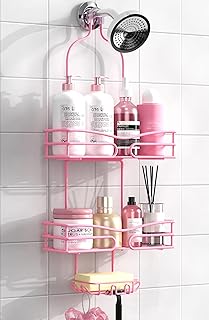 Pink 3-Tier Overhead Shower Caddy with Soap Holder and Hooks