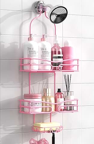 Pink 3-Tier Overhead Shower Caddy with Soap Holder and Hooks