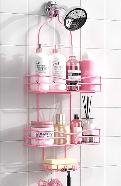 Pink 3-Tier Overhead Shower Caddy with Soap Holder and Hooks