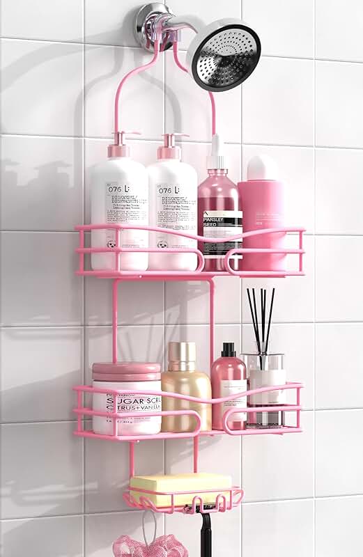 Pink 3-Tier Overhead Shower Caddy with Soap Holder and Hooks