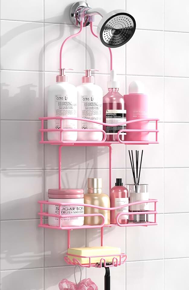 Pink 3-Tier Overhead Shower Caddy with Soap Holder and Hooks