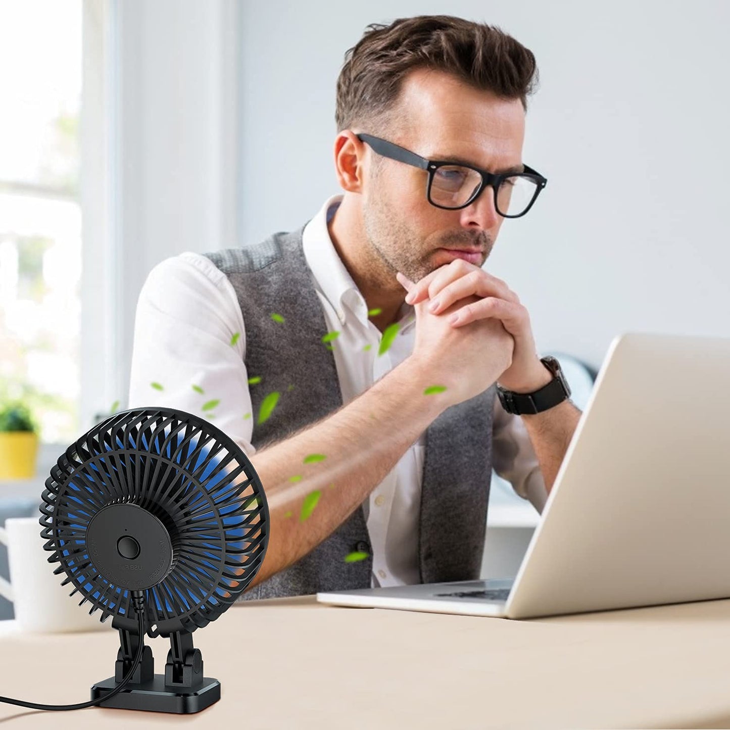 USB Desk Fan, Mini Fan Portable, 3 Speeds Desktop Table Cooling Fan, Plug in Power Fan, Rotation Strong Wind, Quiet Personal Small Fan for Home Desktop Office Travel, 5INCH, Black Blue