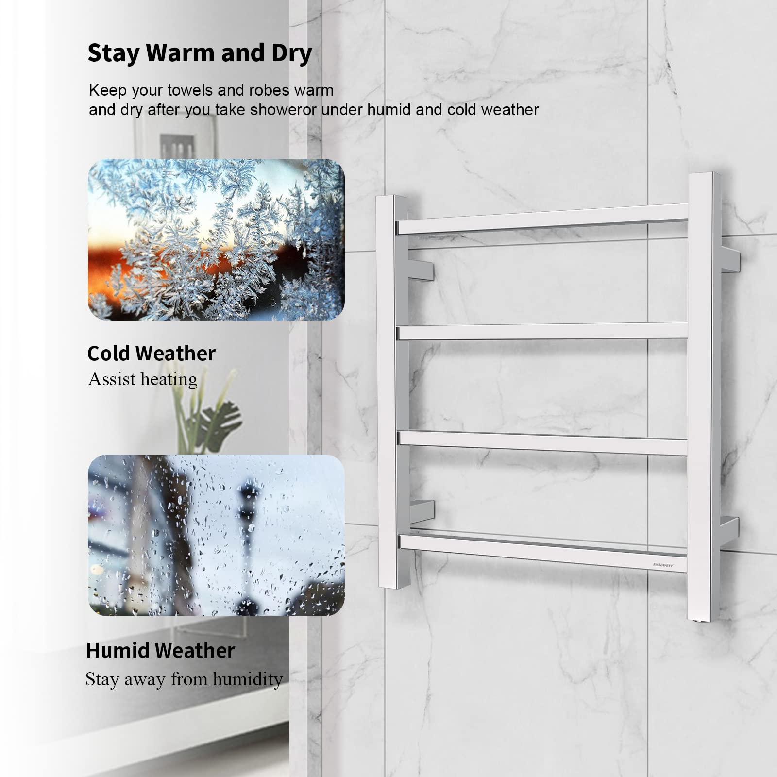 Towel Warmer Polished Chrome for Bathroom Wall Mounted Bath Towel Heater Plug-in Electric Heated Towel Rack Stainless Steel Square 4 Bars Drying Rack ETW13-2A 35W 19.69x17.71x4.33 inches