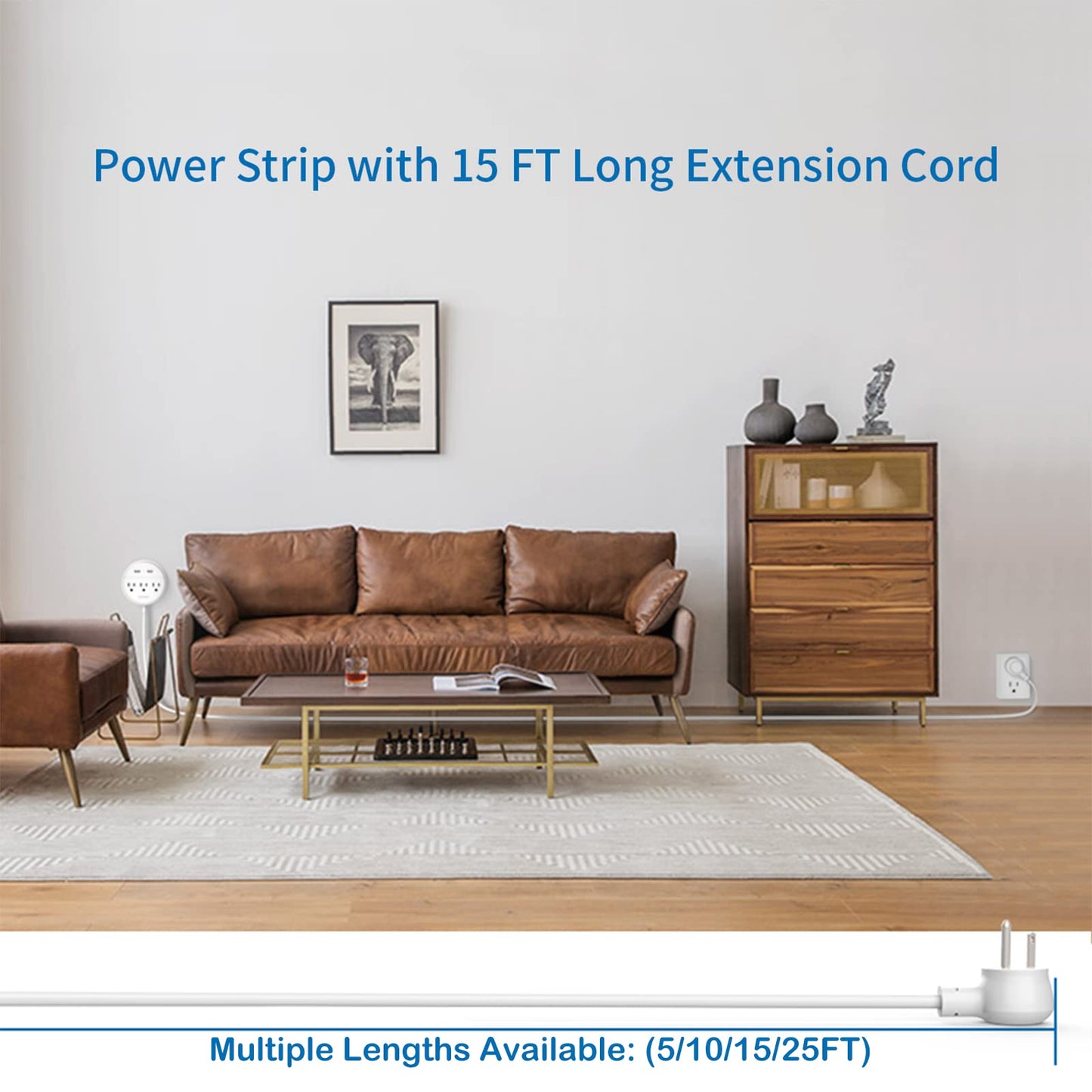 Extension Cord 15ft, Flat Plug Power Strip with Long Extension Cord, 3 Outlet 2 USB Desktop Charging Station Wall Mount for Indoor Home Office Dorm Room and Nightstand - White