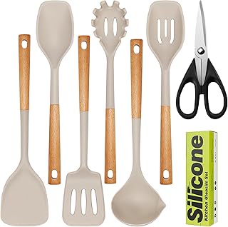 7-Piece Large Silicone Cooking Utensil Set with Wooden Handles