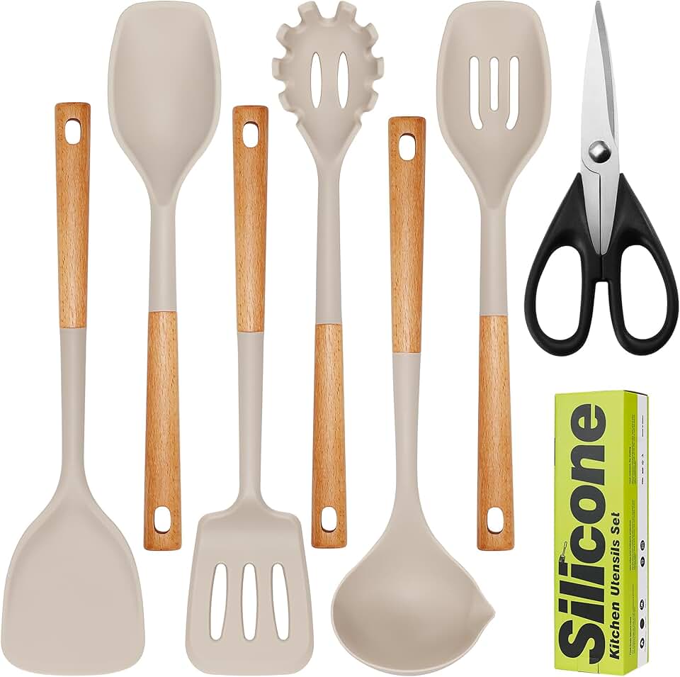 7-Piece Large Silicone Cooking Utensil Set with Wooden Handles