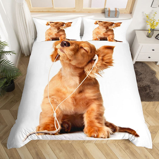 K aii Dog Comforter Cover Set, Twin for Kids Boys Yellow Puppy Dog Bedding Set, for Girls Women K aii Room Decor, 3D Cute Animal Duvet Cover Teens Dog Listening Music Pattern Bedspread Cover