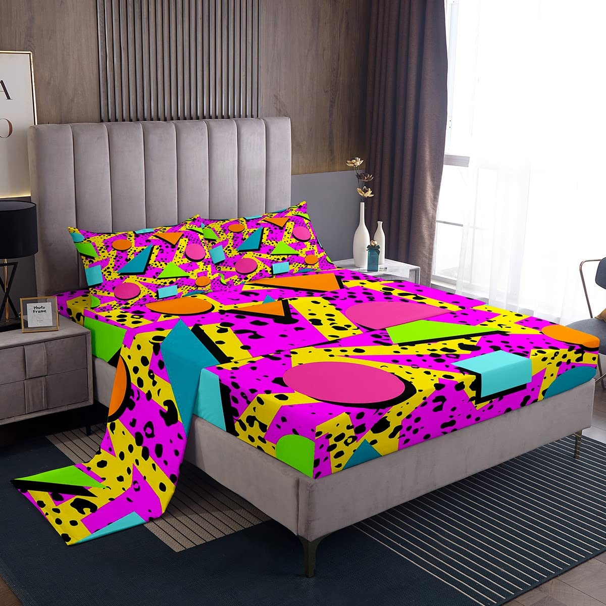 Memphis Geometric Pattern Fitted Sheet Full Size,Retro 80S Style Bed Sheets Urban Modern Design With Circles and Triangle Shapes Sheet Set Eighties Funky Hipster Old Fashioned Bedroom Decor
