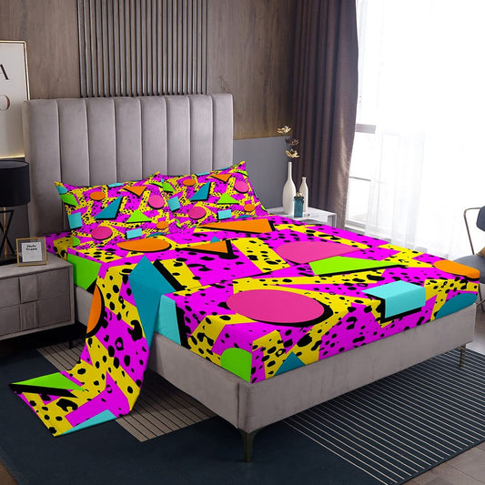 Memphis Geometric Pattern Fitted Sheet Full Size,Retro 80S Style Bed Sheets Urban Modern Design With Circles and Triangle Shapes Sheet Set Eighties Funky Hipster Old Fashioned Bedroom Decor