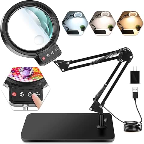 Large 5-inch Lighted Magnifying Glass with Stand and Dimmable LEDs