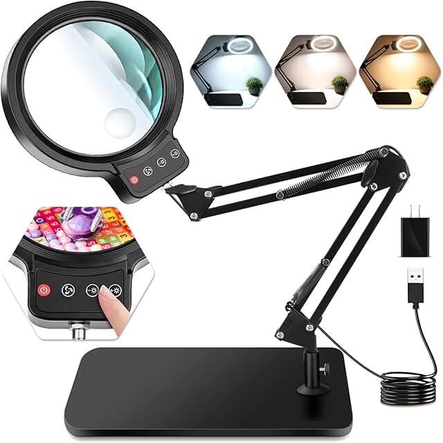 Large 5-inch Lighted Magnifying Glass with Stand and Dimmable LEDs