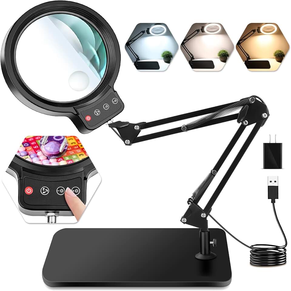 Large 5-inch Lighted Magnifying Glass with Stand and Dimmable LEDs