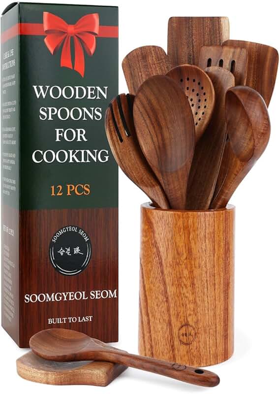 12-Piece Natural Teak Wood Kitchen Utensil Set