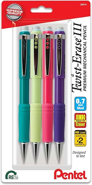 Set of 4 medium 0.7mm twist eraser pencils with colorful barrels