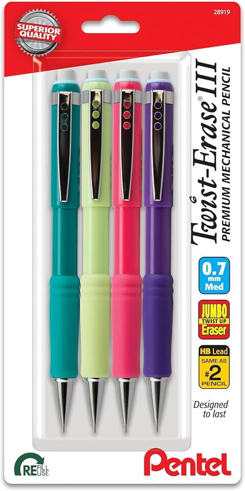 Set of 4 medium 0.7mm twist eraser pencils with colorful barrels