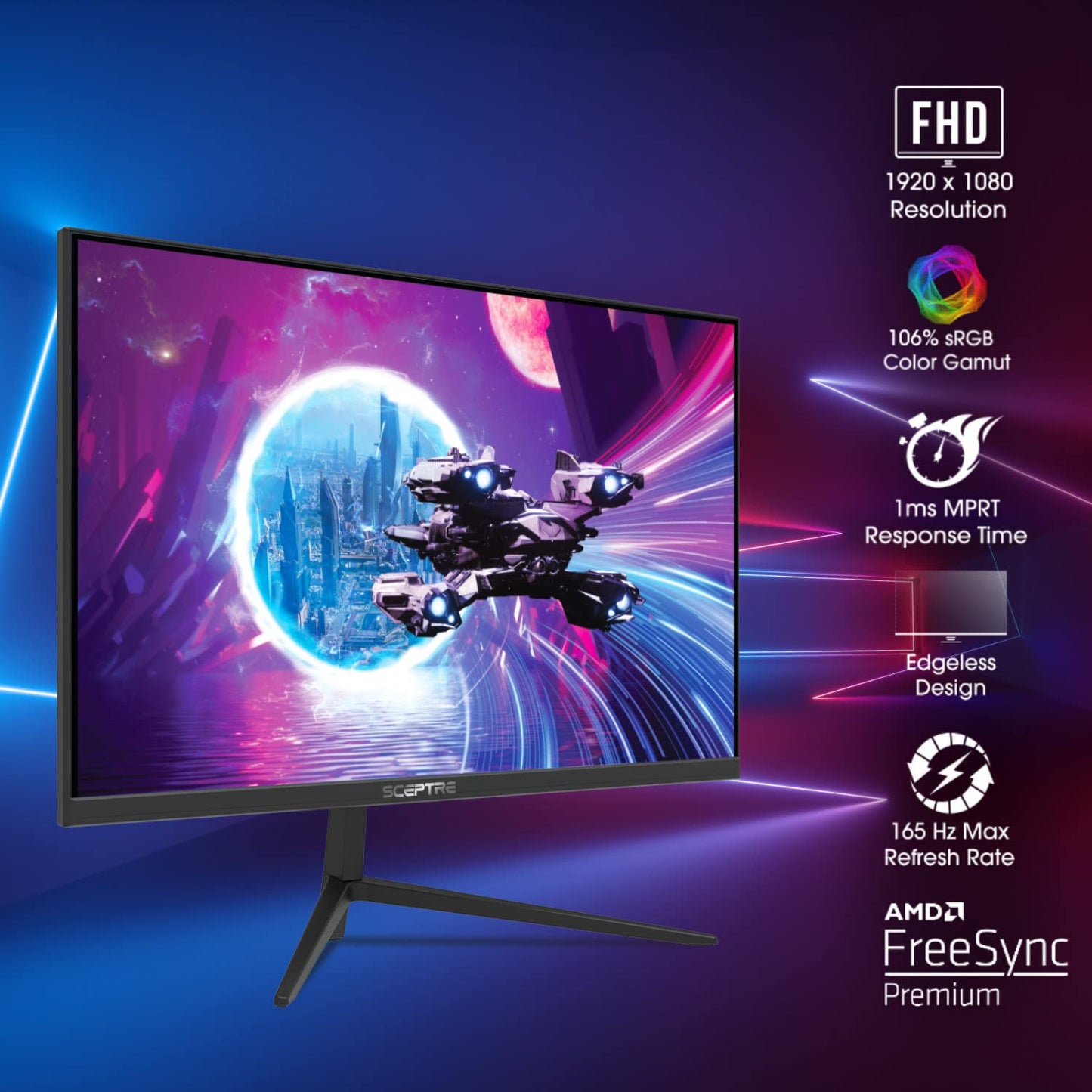 25" Gaming Monitor 1920 x 1080p up to 165Hz 1ms AMD FreeSync Premium HDMI x3 DisplayPort Build-in Speakers, 106% sRGB Machine Black (E255B-FWD168)