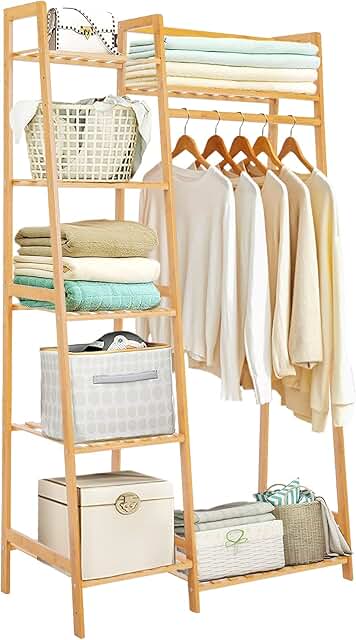 Bamboo Clothes Rack with 7 Shelves and Hanging Space