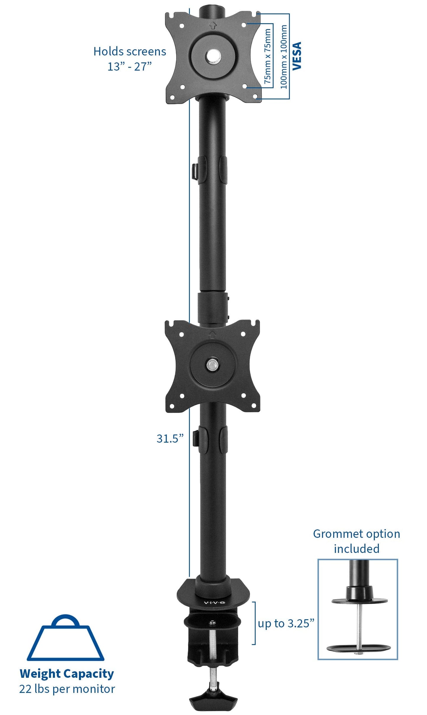 Dual Monitor Articulating Desk Mount Stand with Height Adjustment and Open VESA Plates for 2 LCD Screens up to 27 inches, Stacked Array, STAND-V002R