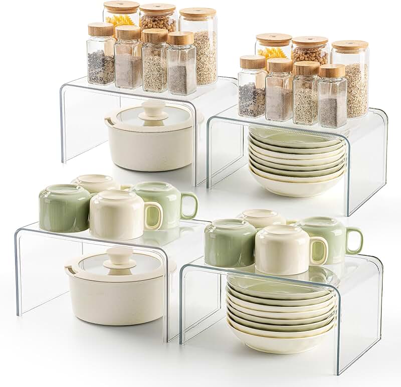 Set of 4 clear spice rack shelves for pantry and countertop storage