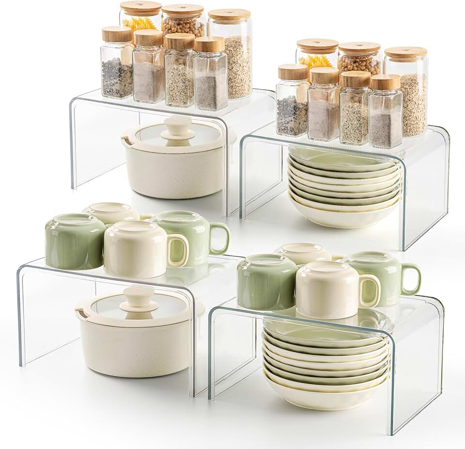 Set of 4 clear spice rack shelves for pantry and countertop storage