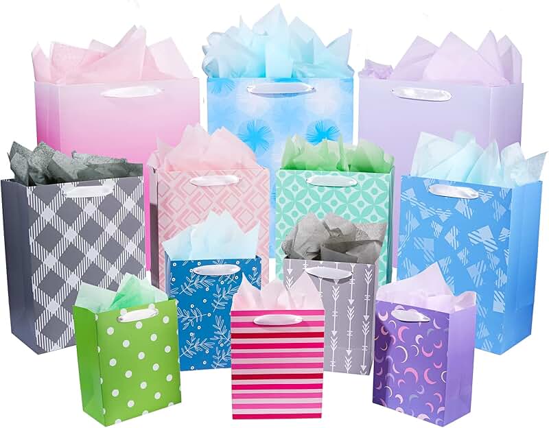 Set of 12 assorted gift bags with tissue paper