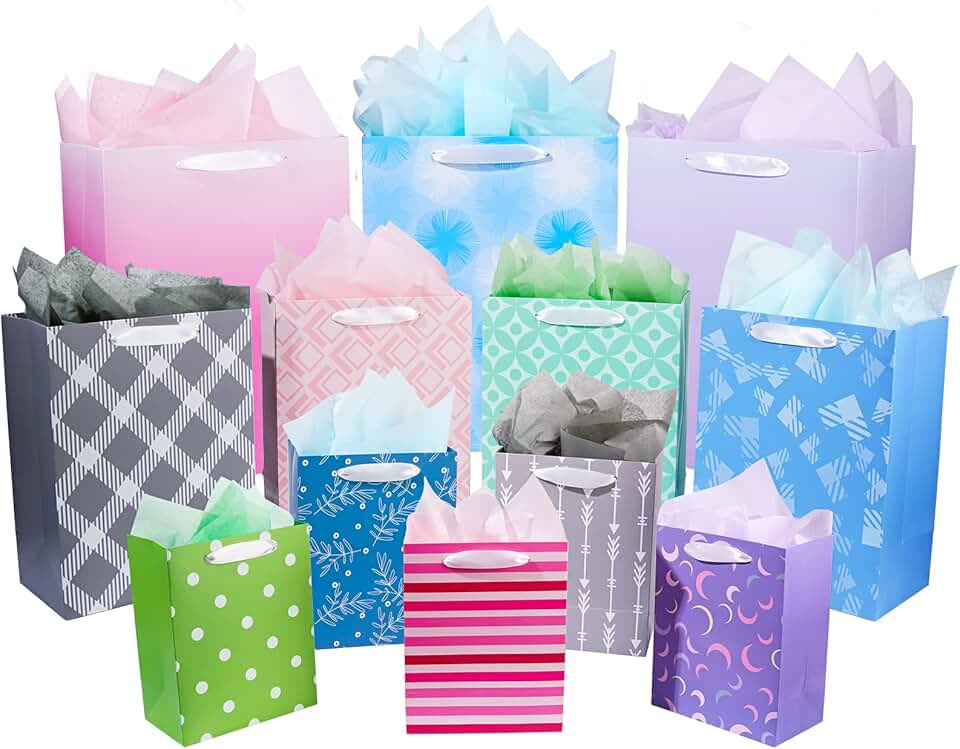 Set of 12 assorted gift bags with tissue paper