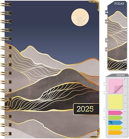 2025 Hardcover Planner, 5.5"x8", 14 Months, Daily Weekly Monthly, Bookmark, Pocket Folder, Sticky Notes