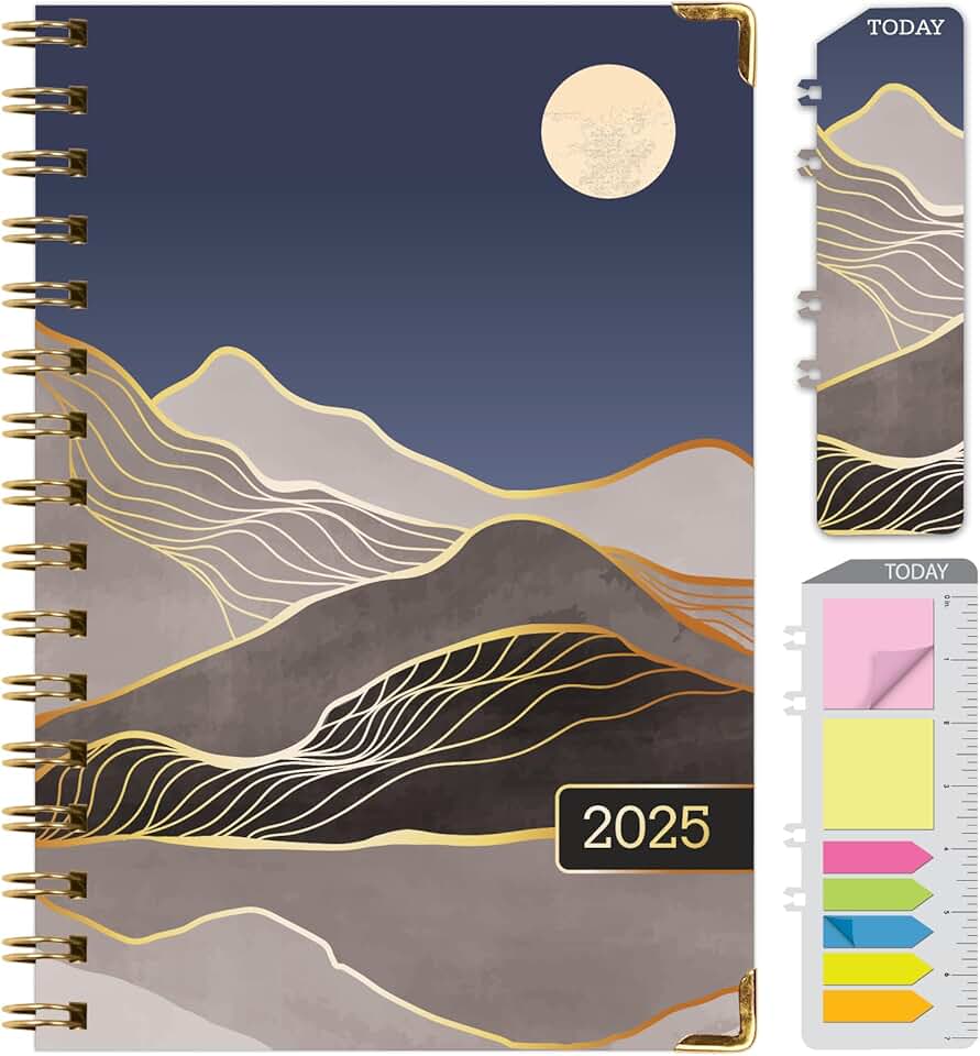 2025 Hardcover Planner, 5.5"x8", 14 Months, Daily Weekly Monthly, Bookmark, Pocket Folder, Sticky Notes