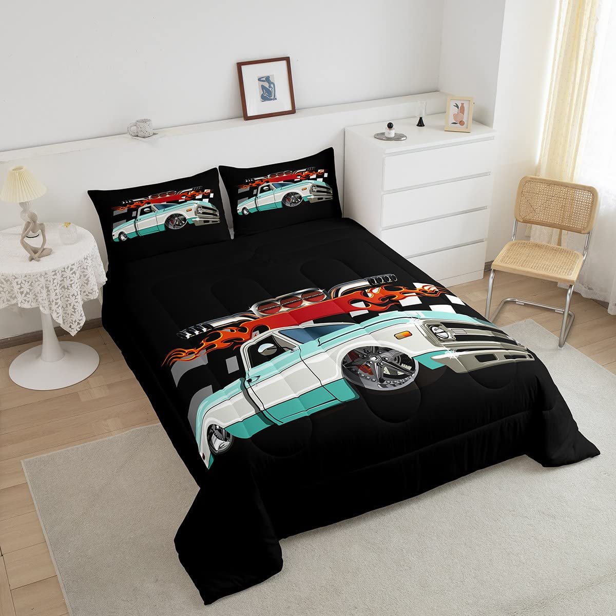 Teens Police Car Comforter Set Boys Kids Cartoon Car Lightweight Bedding Set for Kids Girls Emer cy Responder Vehicles Decor Comforter Green White Quilt Set Bedroom 2Pcs Twin Size