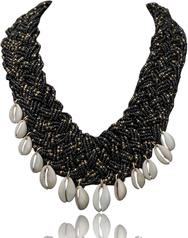Black Beaded Shell Necklace and Earrings Set