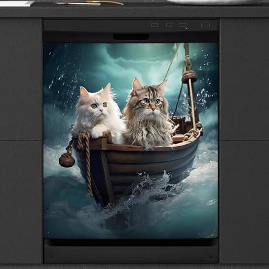 Funny Cat Wooden Boat Dishwasher Magnet Cover 26x23 Inch