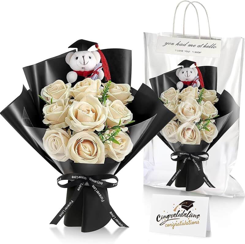 Graduation Bear Flower Bouquet Set with Card and Bag