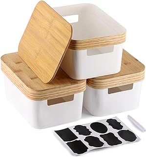 3-Piece Plastic Storage Bins with Bamboo Lids
