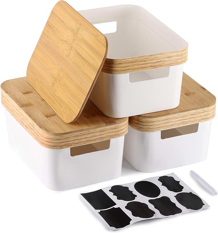 3-Piece Plastic Storage Bins with Bamboo Lids