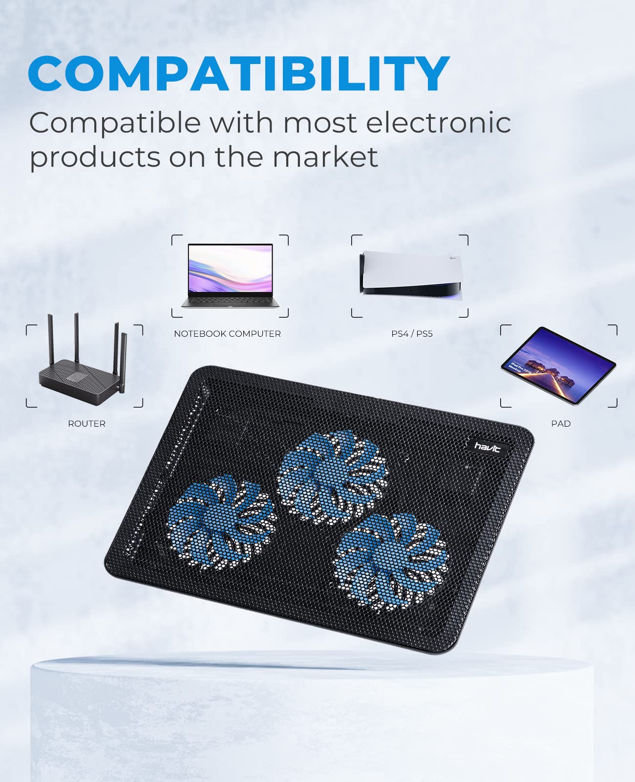 HV-F2056 15.6"-17" Laptop Cooler Cooling Pad - Slim Portable USB Powered (3 Fans)
