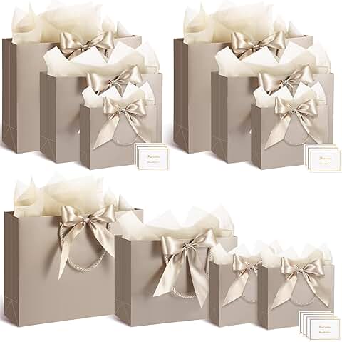 Set of 10 assorted paper gift bags with ribbon and tissue paper