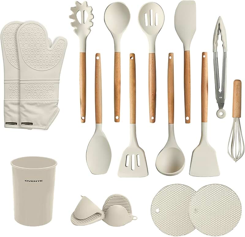 17-Piece Silicone Kitchen Utensil Set with Wooden Handles