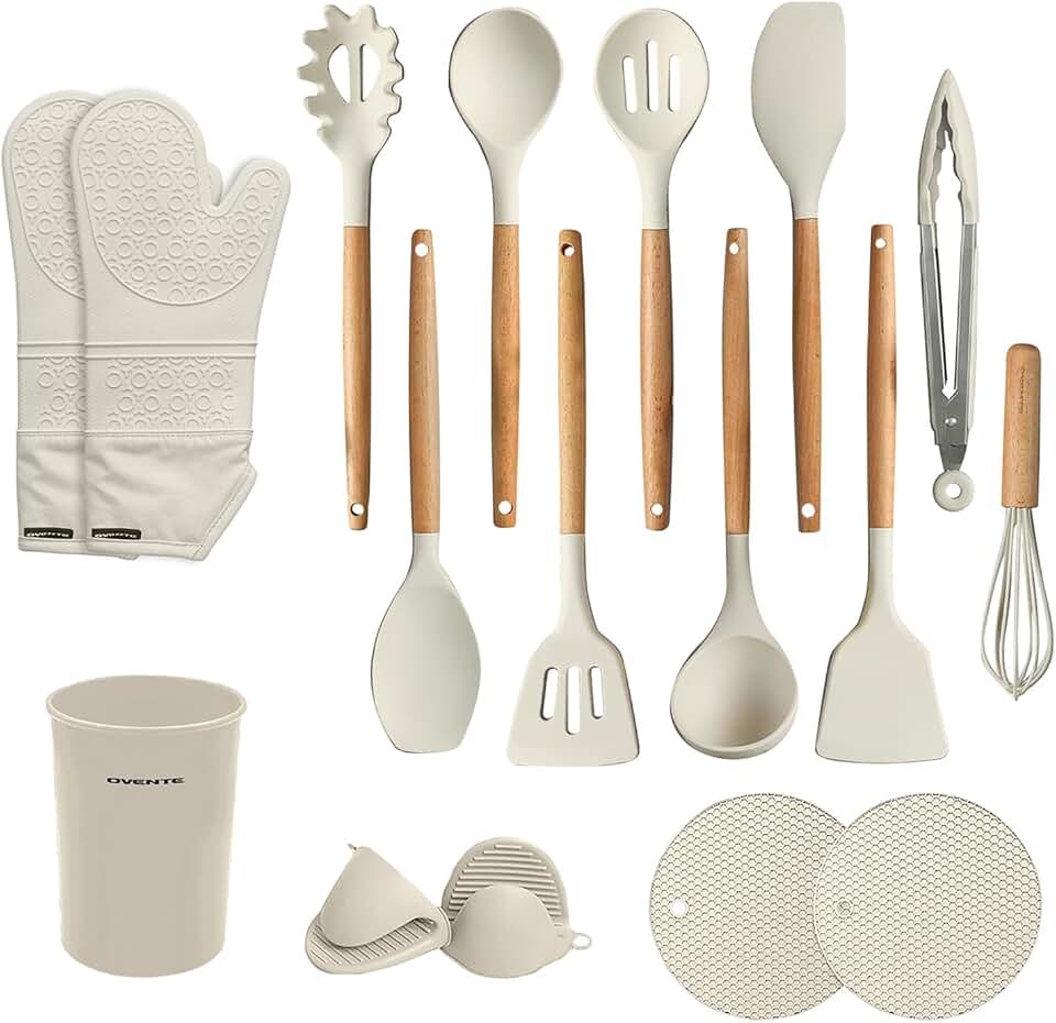17-Piece Silicone Kitchen Utensil Set with Wooden Handles