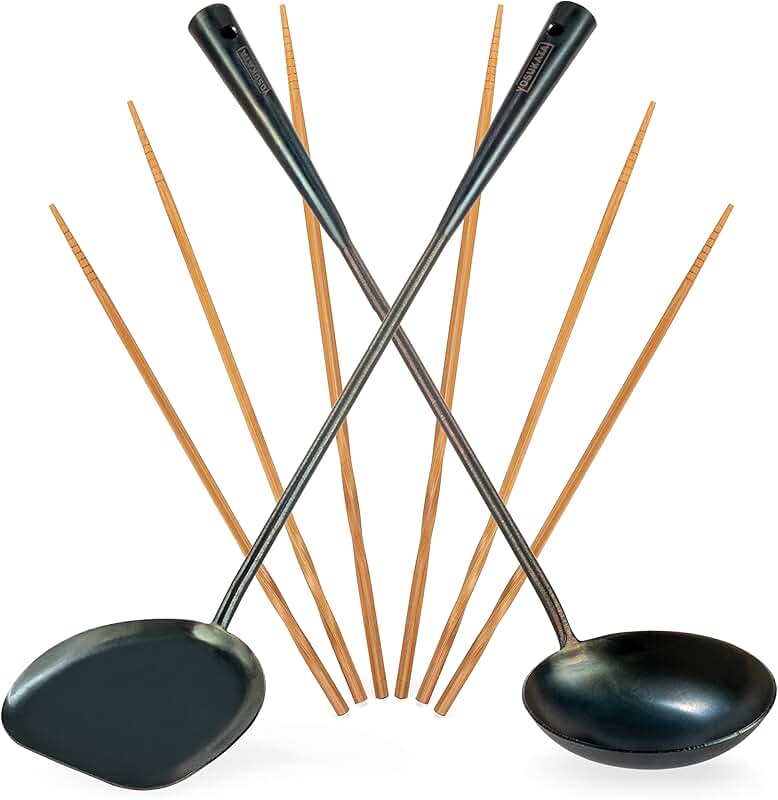 Pre-Seasoned Blue Carbon Steel Wok Utensil Set