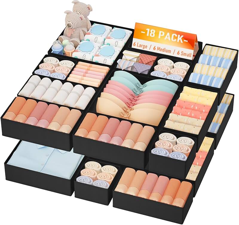 18-Pack Drawer Organizer Bins for Clothes Storage