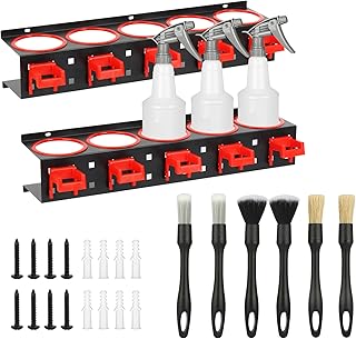 Wall-Mounted Spray Bottle Storage Rack with Hooks and Brush Holders