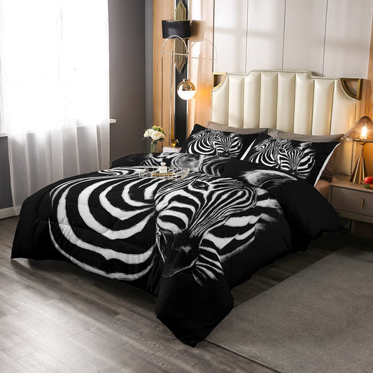 Zebra Decor Bedding Set 3D Horses Steed Pattern Comforter Set for Kids Boys Girls Africa Wild Animal Comforter Black White Quilt Set with 1 Pillowcase 2Pcs Bedding Twin