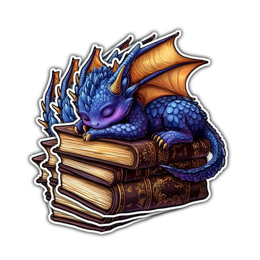 Set of three purple dragon sleeping on books stickers